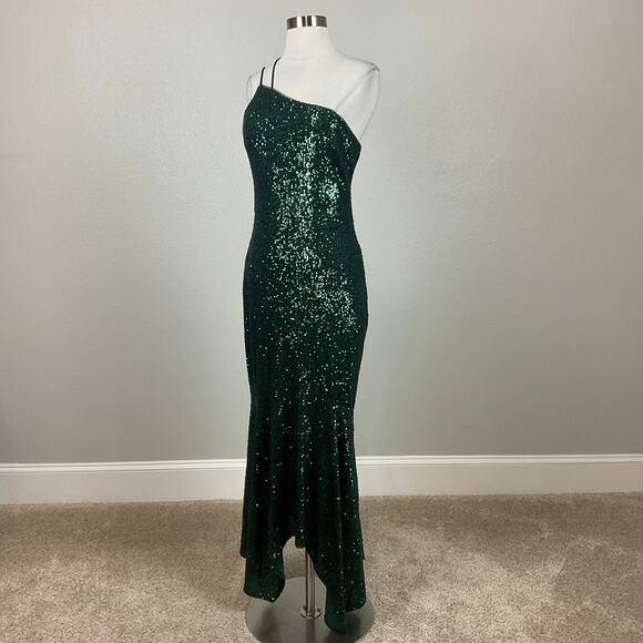Green Sequined One Shoulder High Low Midi Sheath Cocktail Dress Size 8 by AQUA - Picture 4 of 13